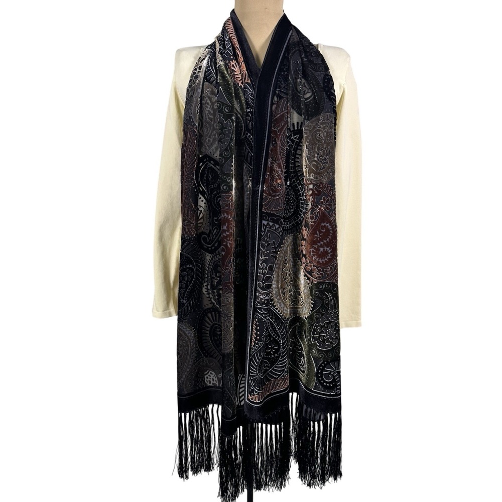 Velvet Burnout Paisley Shawl Scarf Wrap Fringe Trim Black Multicolor Boho Dressy